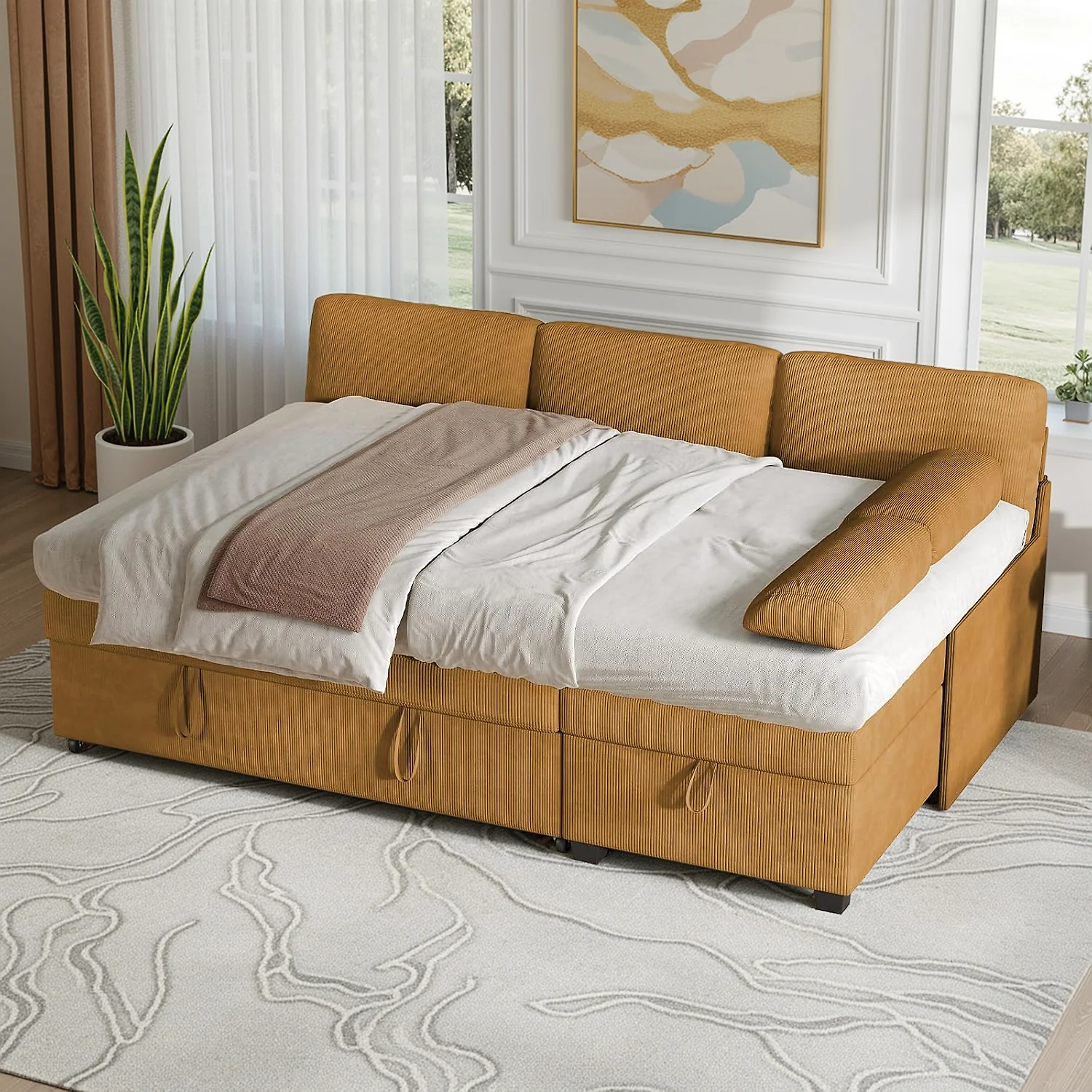 (Discontinued) Convertible L-Shaped Sectional Sofa Bed with Reversible Chaise. Corduroy Sleeper Sofa with Storage & Pull-Out Design