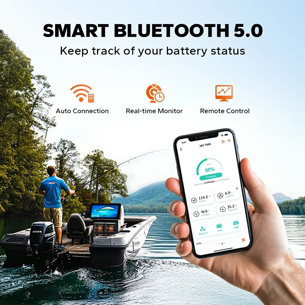 LiTime 16V 70Ah Deep Cycle Bluetooth LiFePO4 Lithium Battery For Fish Finder. Fishing Electronics