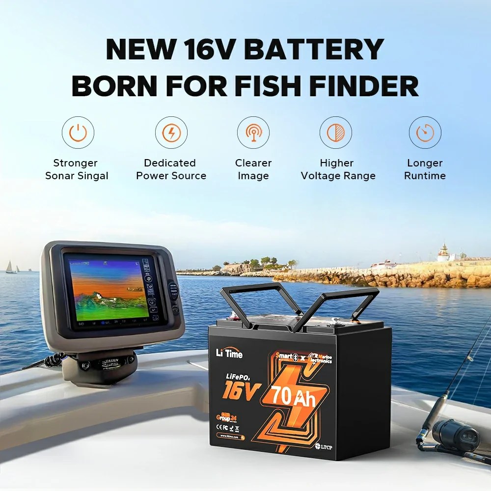 LiTime 16V 70Ah Deep Cycle Bluetooth LiFePO4 Lithium Battery For Fish Finder. Fishing Electronics