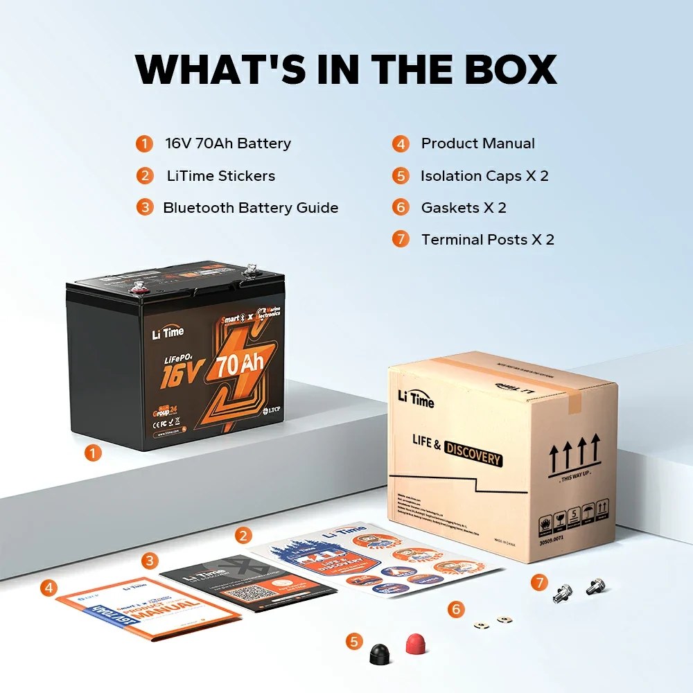 LiTime 16V 70Ah Deep Cycle Bluetooth LiFePO4 Lithium Battery For Fish Finder. Fishing Electronics