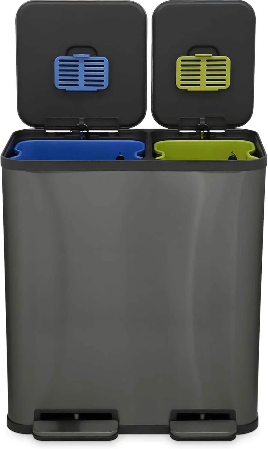 70 Liter / 18.5 Gallon Dual Compartment Recycling Trash Can - Hands-Free Kitchen Step Bin with Soft-Close Lid. Odor Filter. Stainless Steel Foot Pedal. Black Finish (40L + 30L) Elegant Black Finish