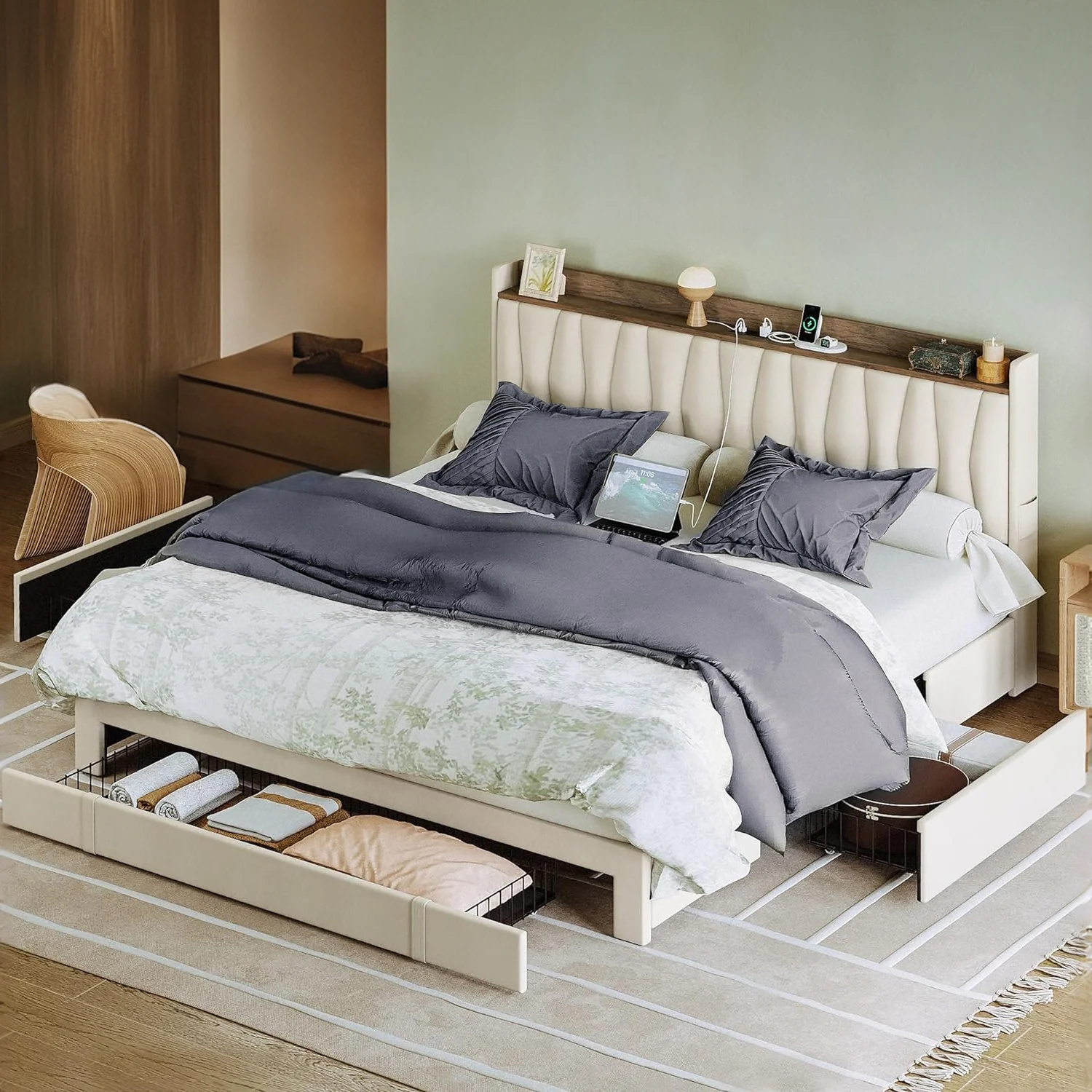 (Discontinued) Bed Frame with 3 Drawers. Upholstered Platform Bed with Storage Headboard and Charging Cradle. No Box Spring Needed