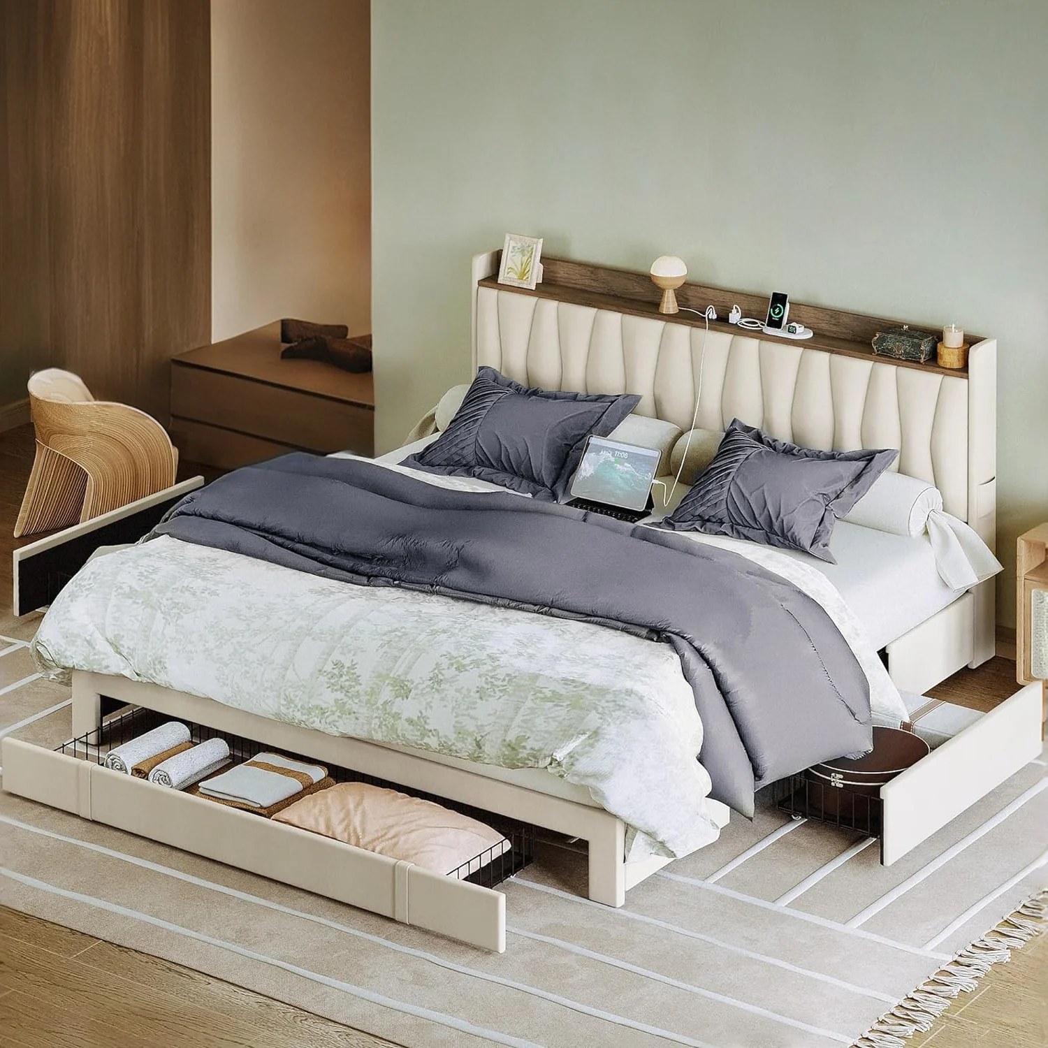 (Discontinued) Bed Frame with 3 Drawers. Upholstered Platform Bed with Storage Headboard and Charging Cradle. No Box Spring Needed