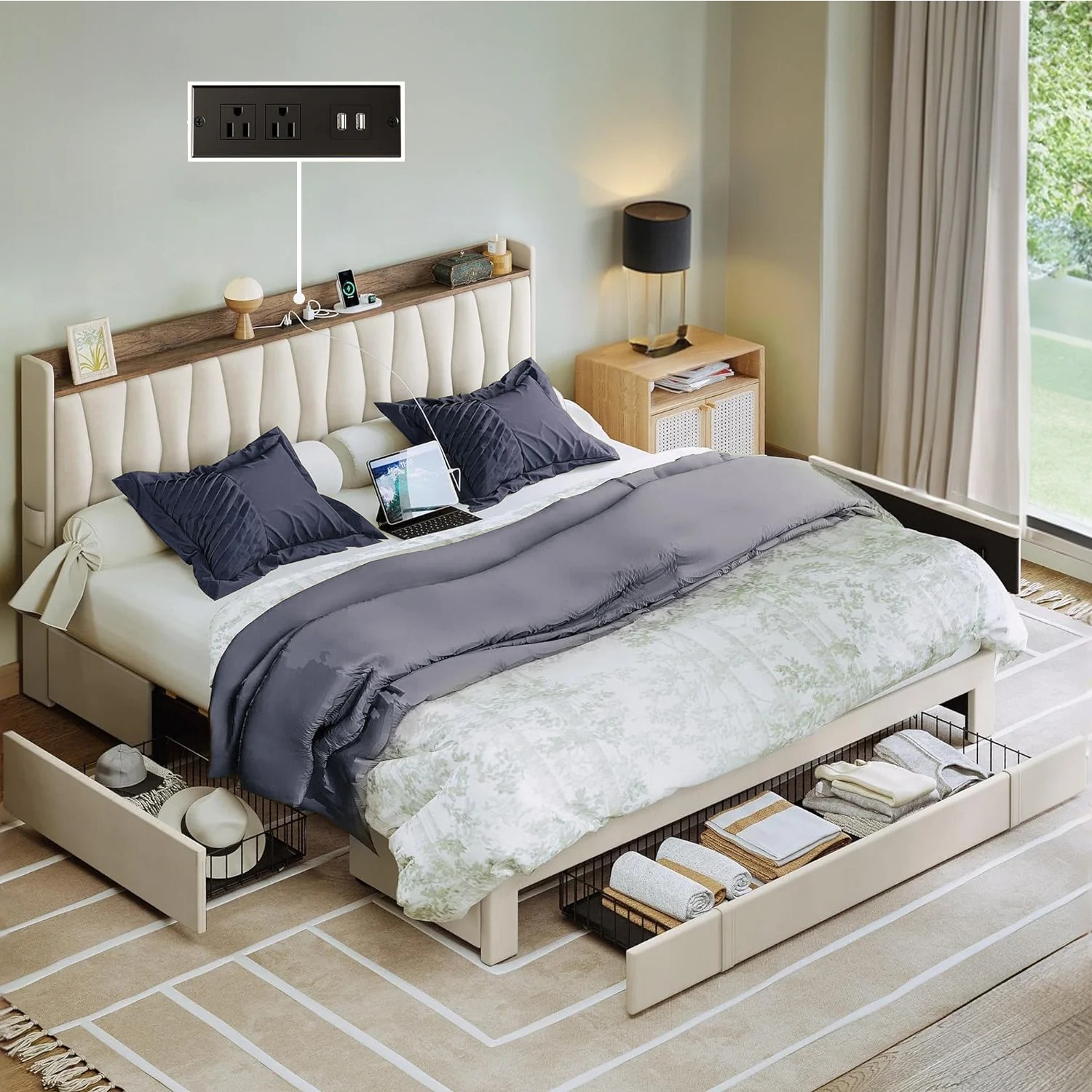 (Discontinued) Bed Frame with 3 Drawers. Upholstered Platform Bed with Storage Headboard and Charging Cradle. No Box Spring Needed