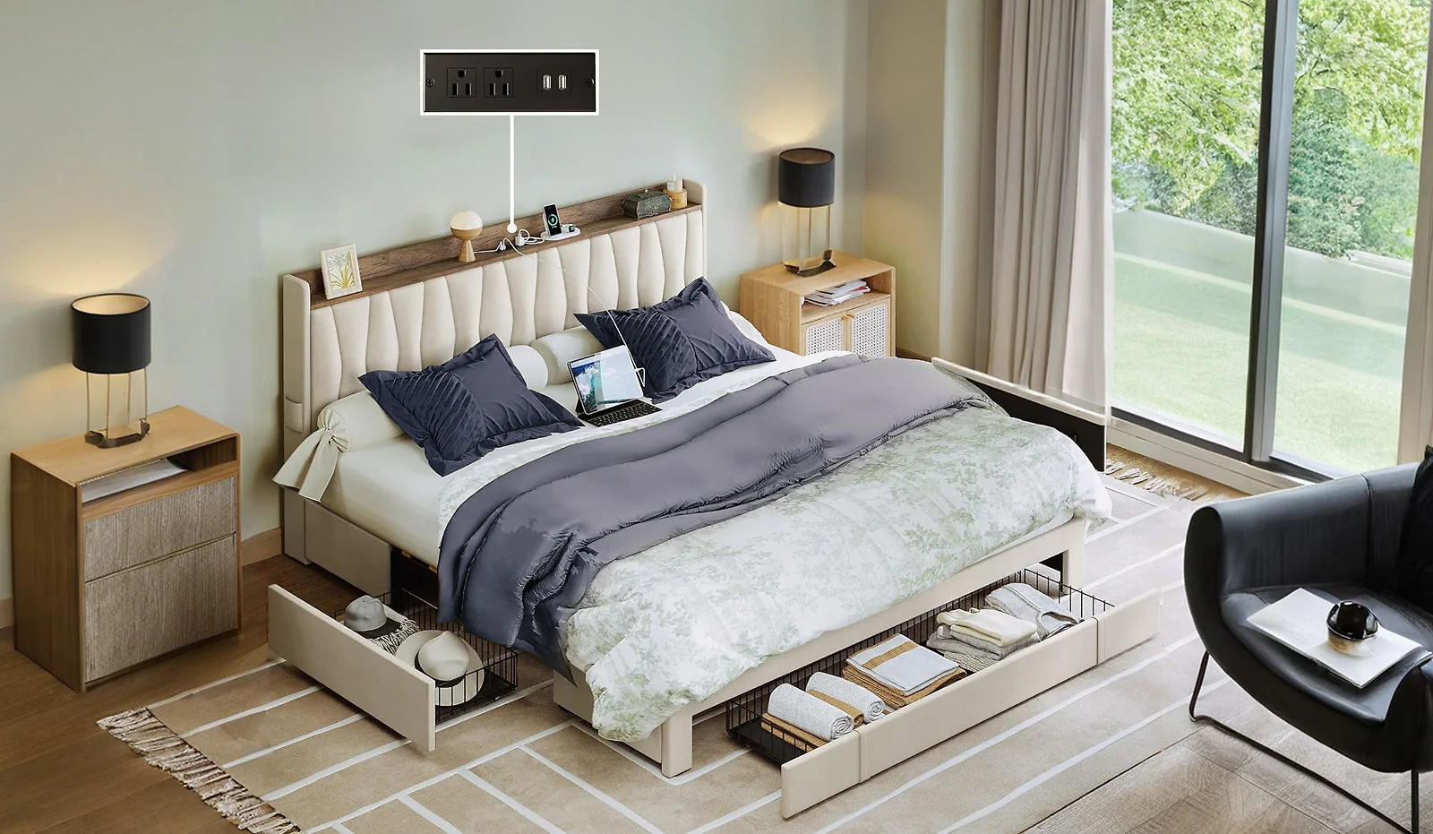 (Discontinued) Bed Frame with 3 Drawers. Upholstered Platform Bed with Storage Headboard and Charging Cradle. No Box Spring Needed