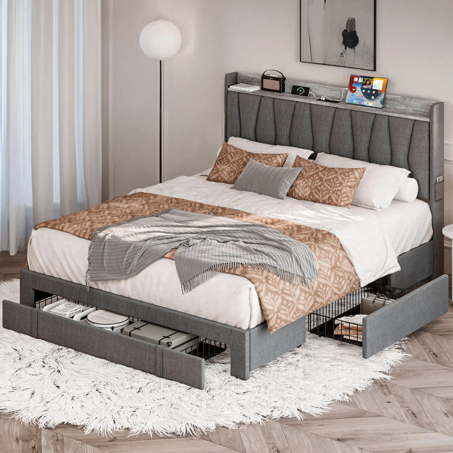 (Discontinued) Bed Frame with 3 Drawers. Upholstered Platform Bed with Storage Headboard and Charging Cradle. No Box Spring Needed