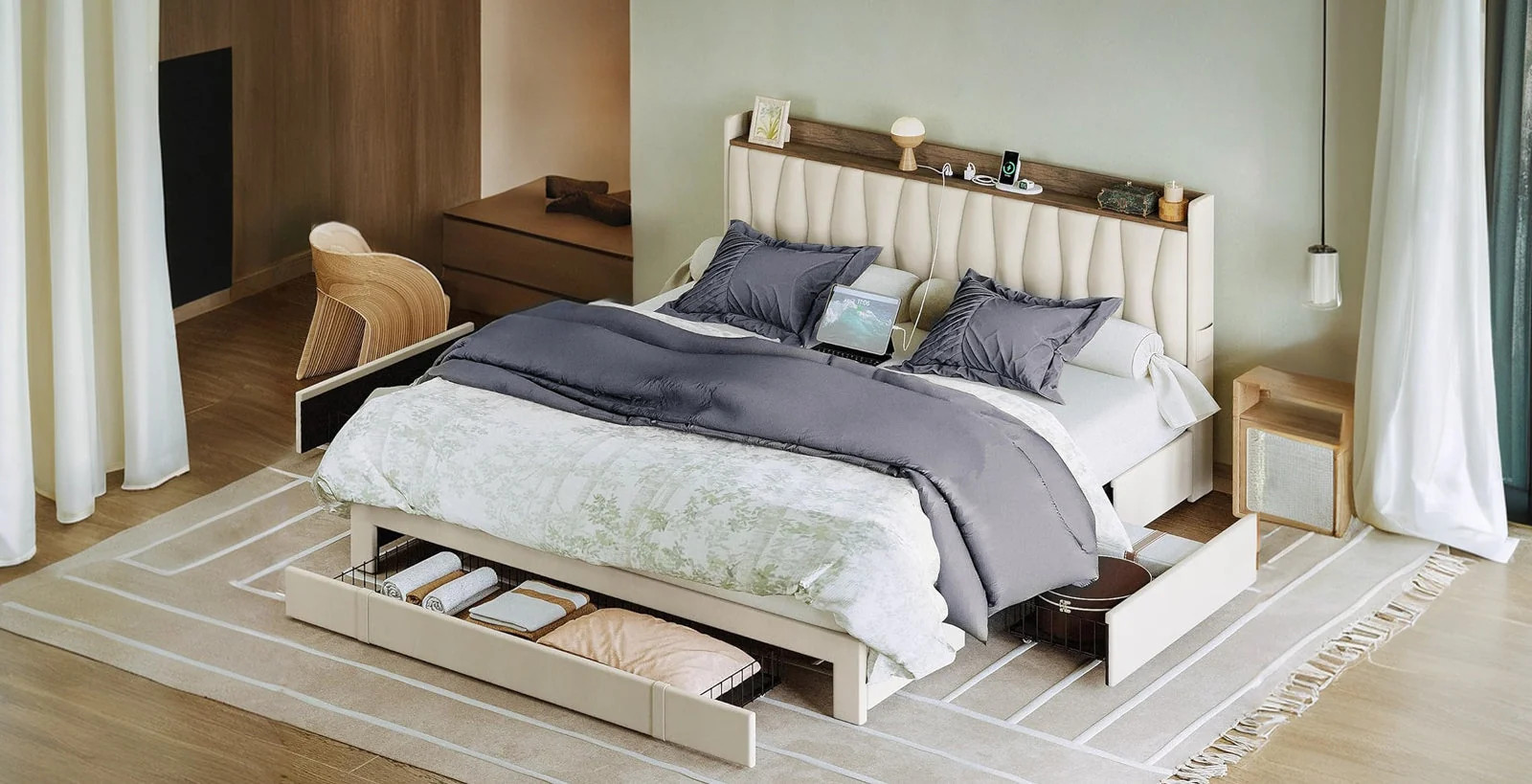 (Discontinued) Bed Frame with 3 Drawers. Upholstered Platform Bed with Storage Headboard and Charging Cradle. No Box Spring Needed