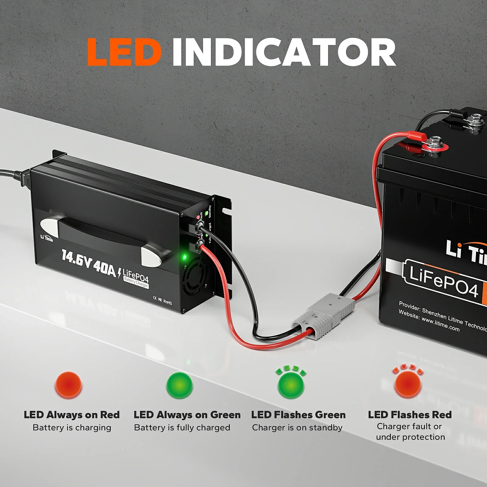 LiTime 12V (14.6V) 40A Mountable Lithium Battery Charger with Handle