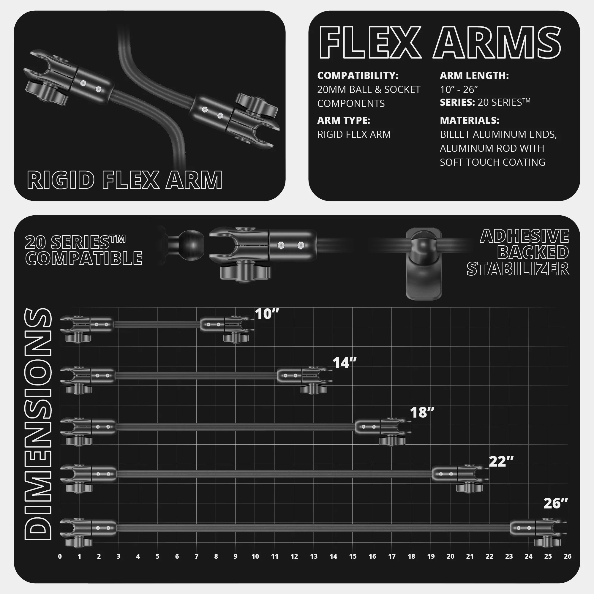 20 Series Windshield Suction Cup Phone Mount | Rigid Flex Arm in 10 and 14 Lengths