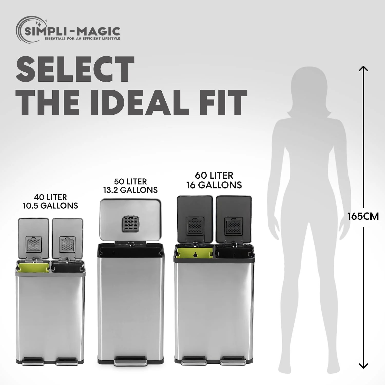 SIMPLI-Magic 13.2 Gallon/50 Liter. Kitchen Trash Can. Stainless Steel. Step-On Garbage Bin with Removable Inner Bucket for Kitchen. Office. and Bedroom