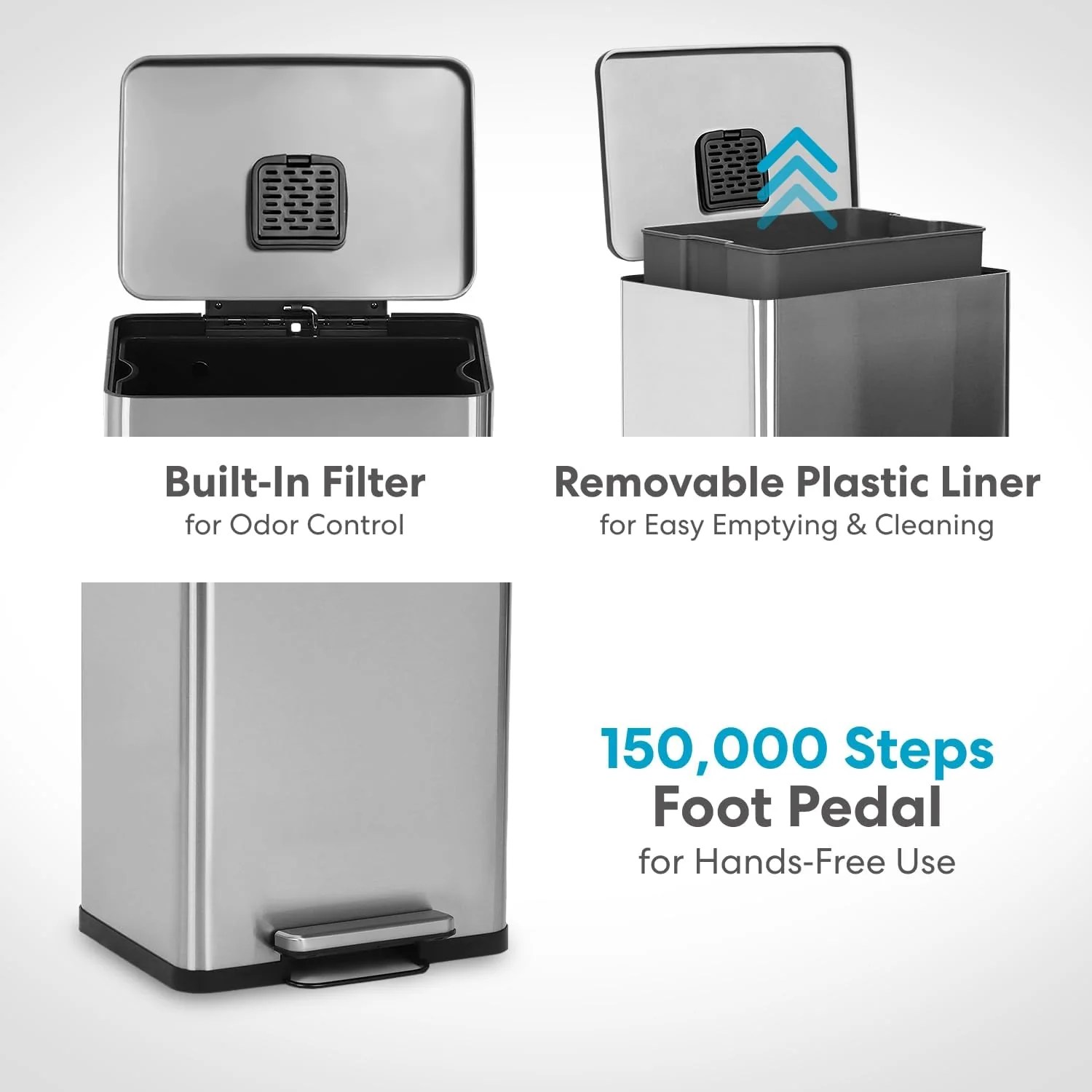 SIMPLI-Magic 13.2 Gallon/50 Liter. Kitchen Trash Can. Stainless Steel. Step-On Garbage Bin with Removable Inner Bucket for Kitchen. Office. and Bedroom