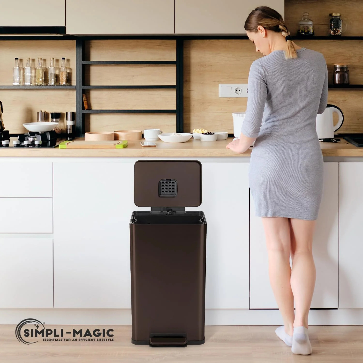 SIMPLI-Magic 13.2 Gallon/50 Liter. Kitchen Trash Can. Stainless Steel. Step-On Garbage Bin with Removable Inner Bucket for Kitchen. Office. and Bedroom. Brown