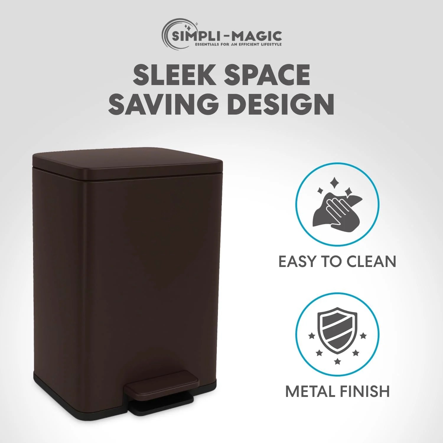 SIMPLI-Magic 13.2 Gallon/50 Liter. Kitchen Trash Can. Stainless Steel. Step-On Garbage Bin with Removable Inner Bucket for Kitchen. Office. and Bedroom. Brown