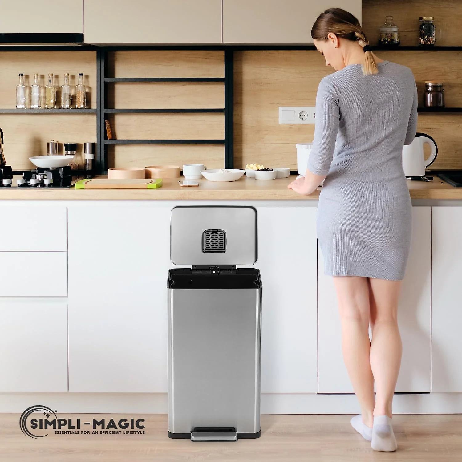 SIMPLI-Magic 13.2 Gallon/50 Liter. Kitchen Trash Can. Stainless Steel. Step-On Garbage Bin with Removable Inner Bucket for Kitchen. Office. and Bedroom