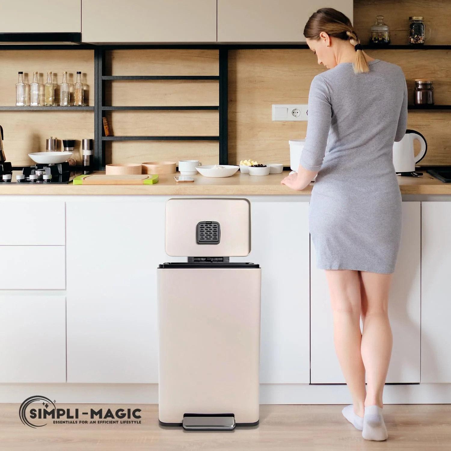 SIMPLI-Magic 13.2 Gallon/50 Liter. Kitchen Trash Can. Stainless Steel. Step-On Garbage Bin with Removable Inner Bucket for Kitchen. Office. and Bedroom. White