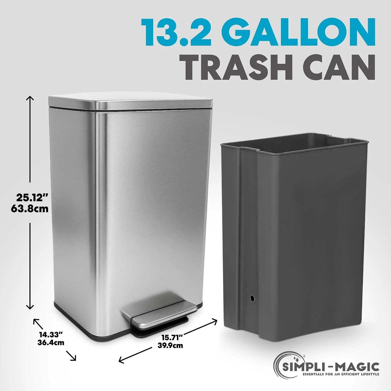 SIMPLI-Magic 13.2 Gallon/50 Liter. Kitchen Trash Can. Stainless Steel. Step-On Garbage Bin with Removable Inner Bucket for Kitchen. Office. and Bedroom