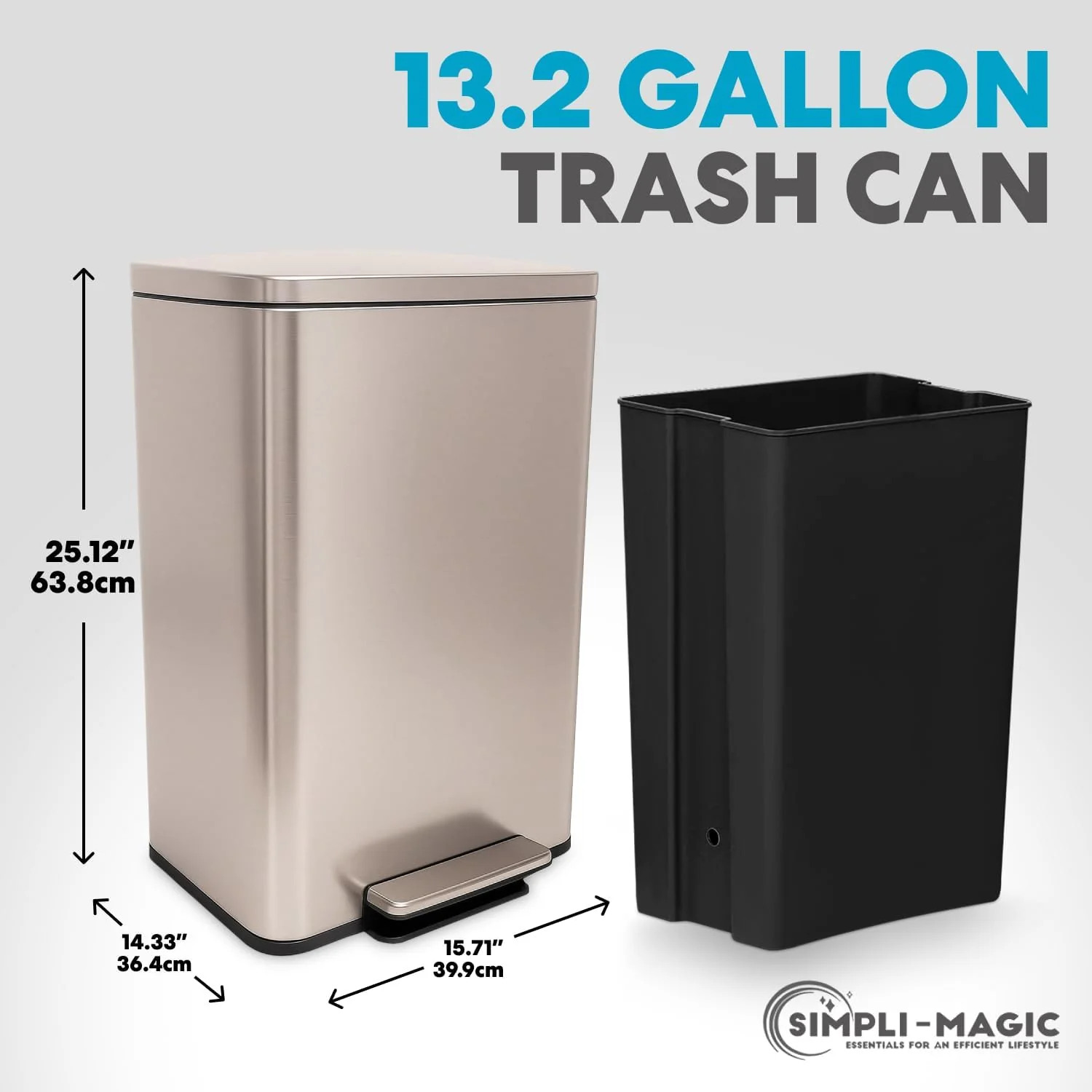 SIMPLI-Magic 13.2 Gallon/50 Liter. Kitchen Trash Can. Stainless Steel. Step-On Garbage Bin with Removable Inner Bucket for Kitchen. Office. and Bedroom. Rose Gold