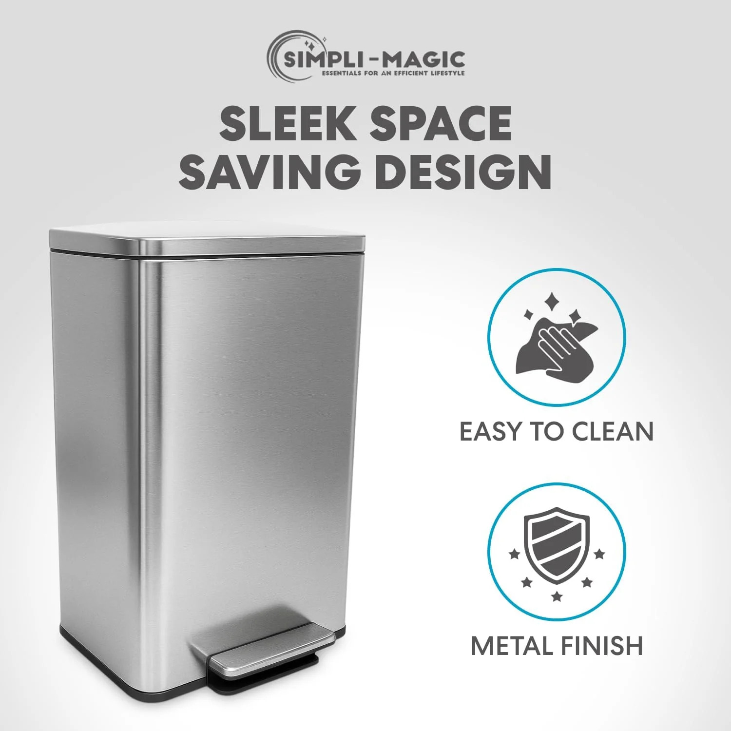 SIMPLI-Magic 13.2 Gallon/50 Liter. Kitchen Trash Can. Stainless Steel. Step-On Garbage Bin with Removable Inner Bucket for Kitchen. Office. and Bedroom