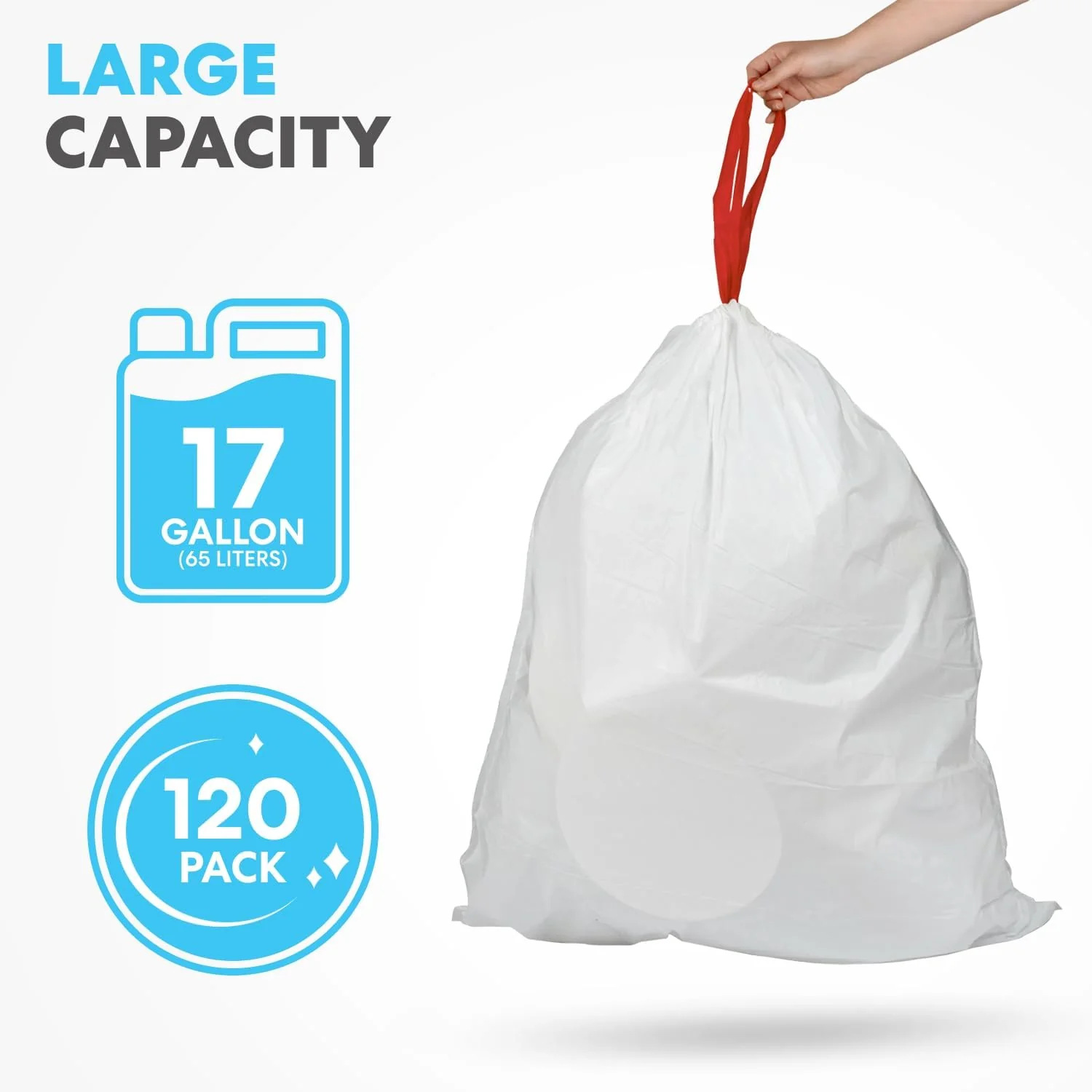 SIMPLI-MAGIC 17 Gallon Drawstring Trash Bags. 120 Pack – Tall Kitchen Garbage Bags. Custom Made with Premium Materials (White)