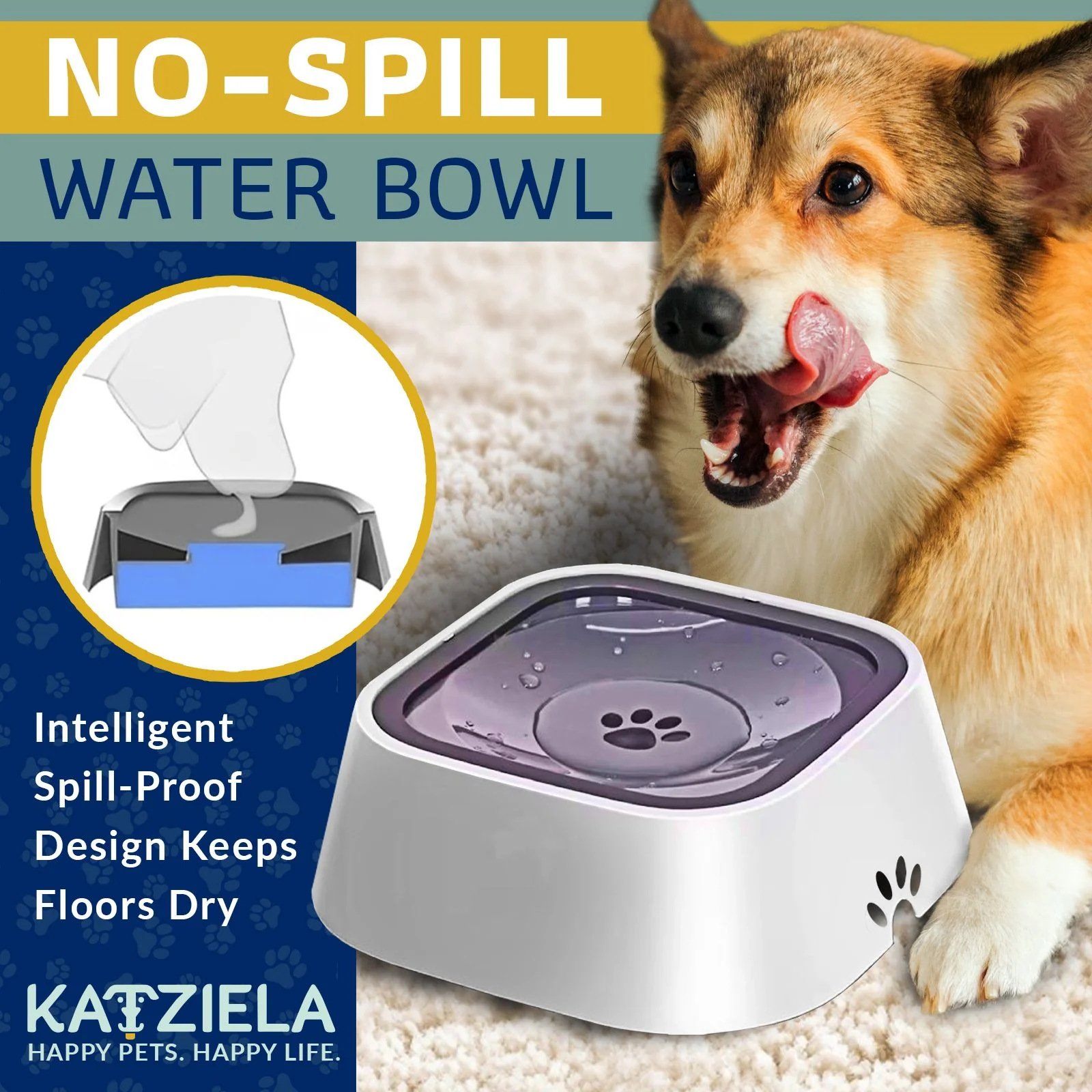 Katziela No Spill Dog & Cat Water Bowl – 35oz Slow Feeder. No Drip. Non-Slip Design