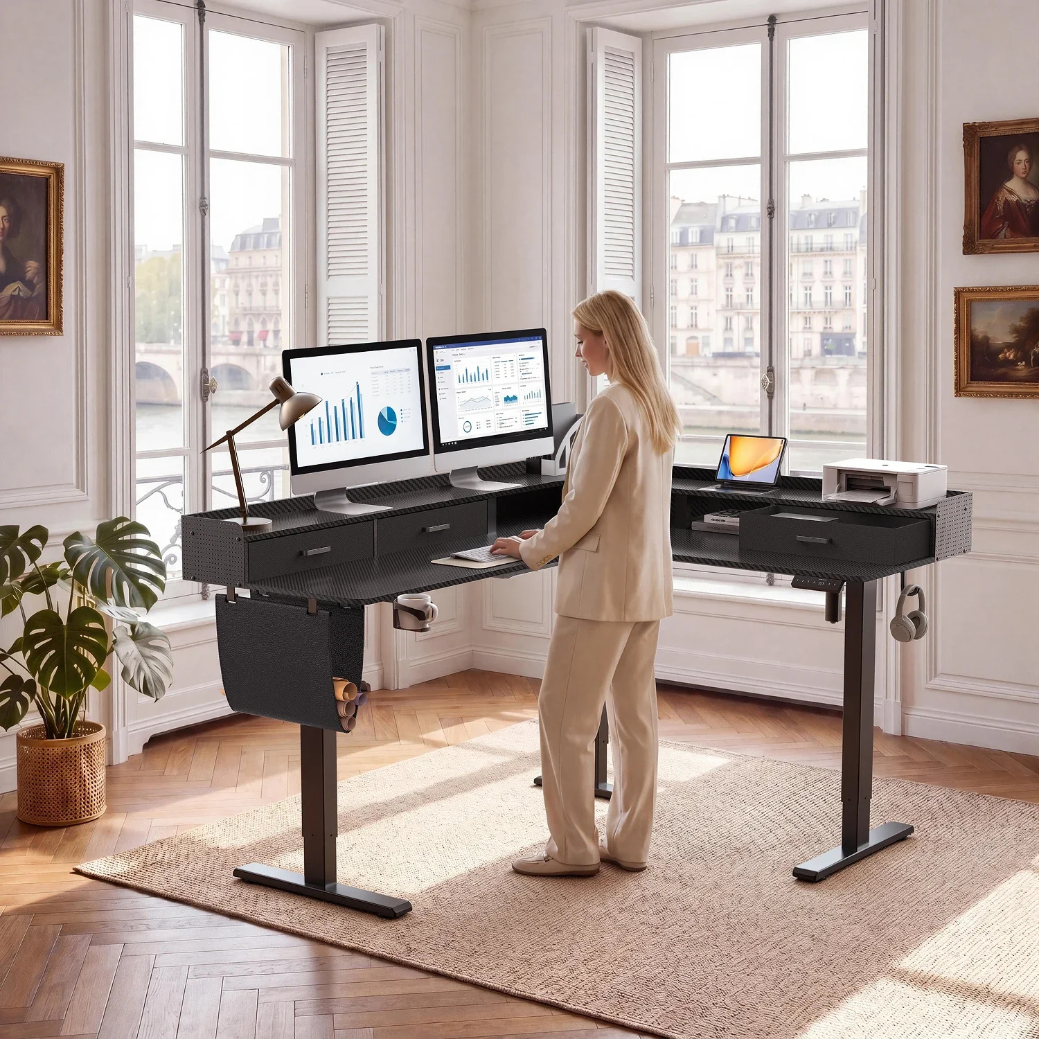 L-Shape With Drawer Standing Desk