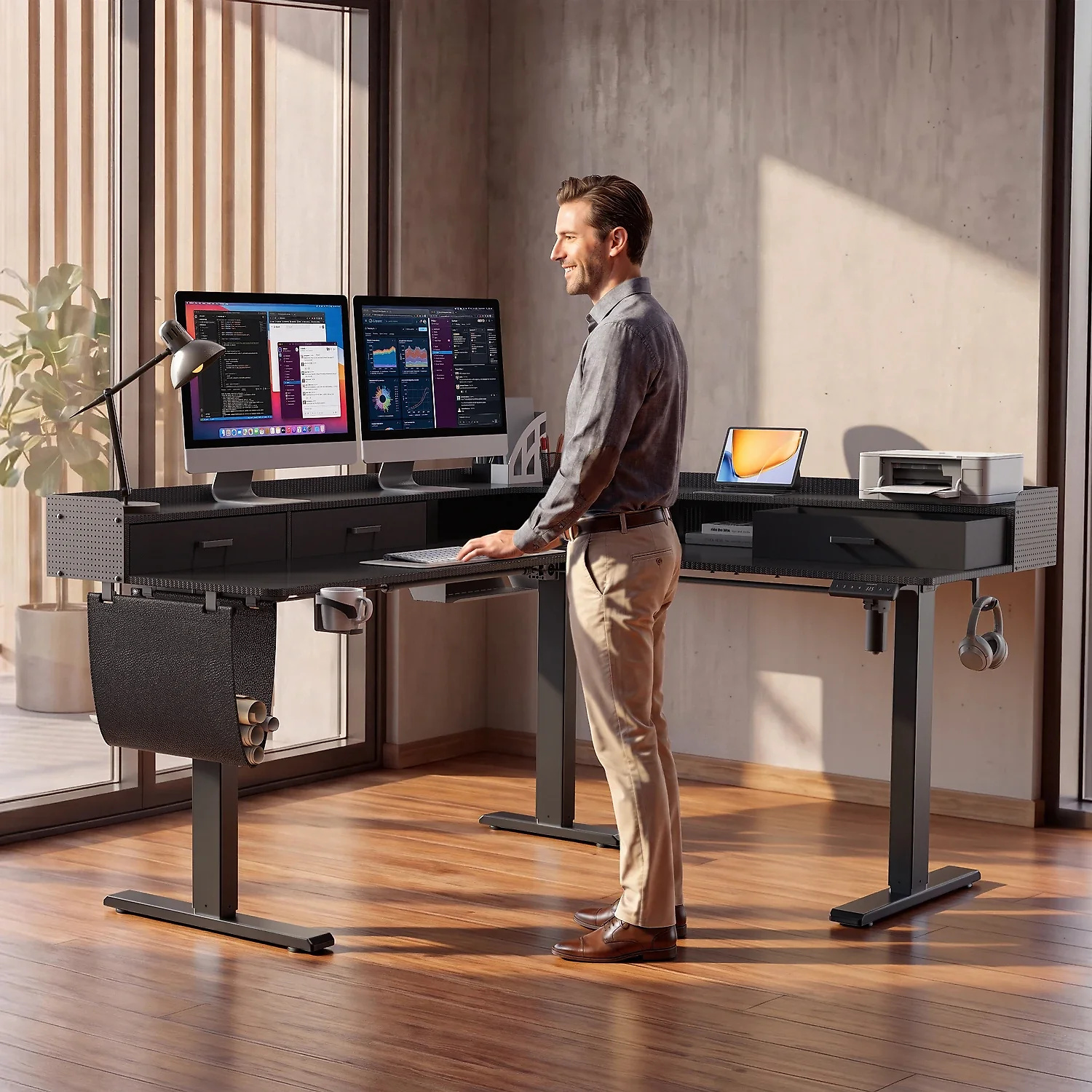 L-Shape With Drawer Standing Desk