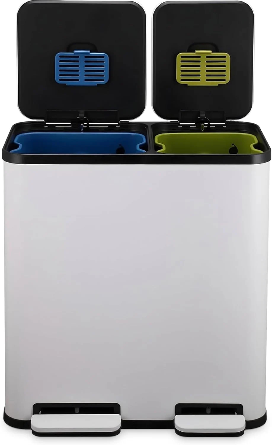 70 Liter / 18.5 Gallon Dual Compartment Recycling Trash Can – Hands-Free Kitchen Step Bin with Soft-Close Lid. Odor Filter. Stainless Steel Foot Pedal. Black Finish (40L + 30L). White