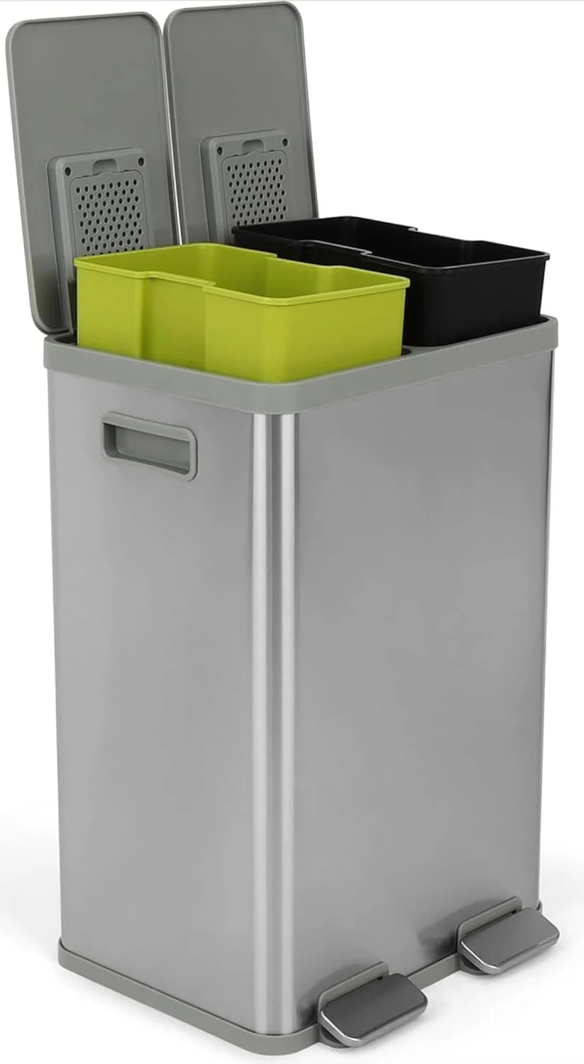 SIMPLI-Magic 10.5 Gallon (2 x 5.3 Gallon) / 40 Liter Mini Space-Saving Dual Compartment Stainless Steel KitchenTrash Can. Step-On Kitchen Garbage Bin with Removable Inner Buckets and Soft-Close Lid