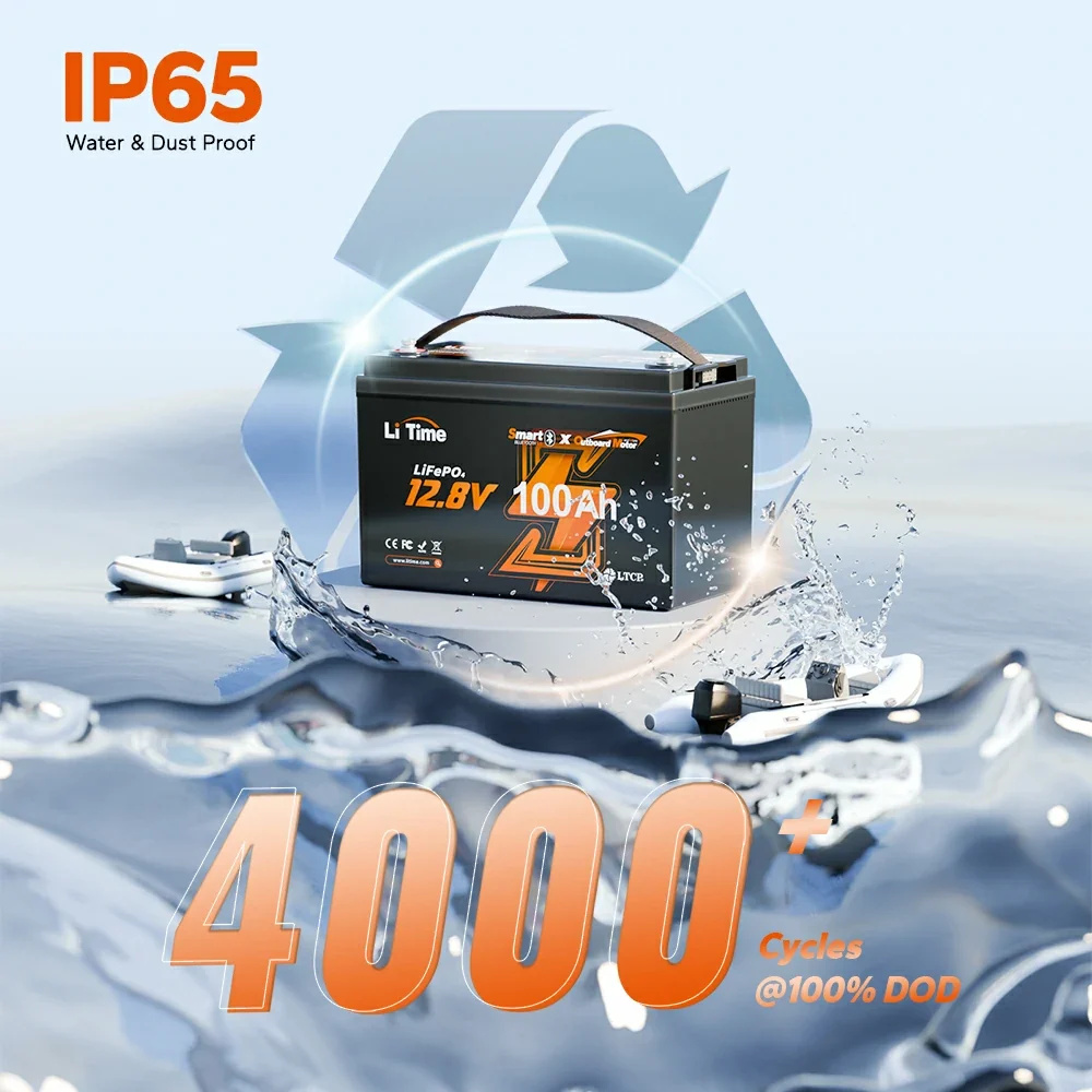 LiTime 12V 100Ah Plus Marine Deep Cycle Battery for Electric Outboard Trolling Motor With Bluetooth