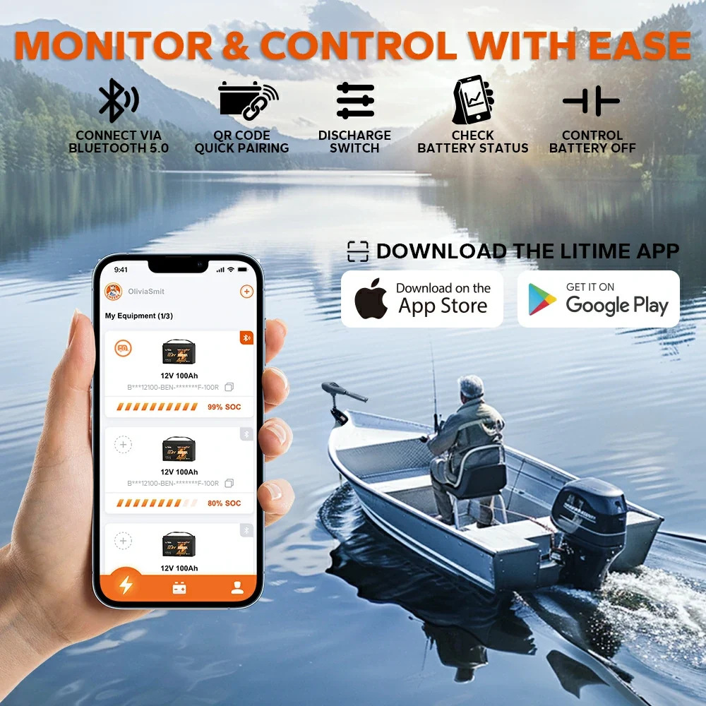 LiTime 12V 100Ah Plus Marine Deep Cycle Battery for Electric Outboard Trolling Motor With Bluetooth