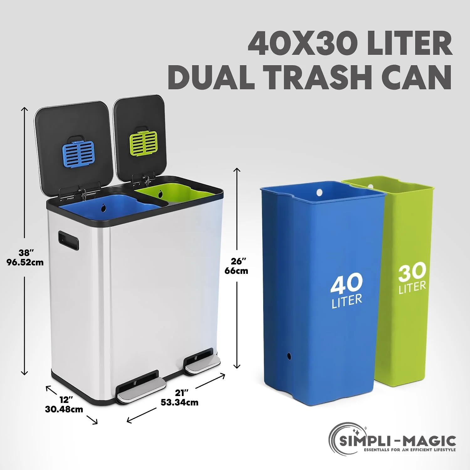 70 Liter / 18.5 Gallon Dual Compartment Recycling Trash Can – Hands-Free Kitchen Step Bin with Soft-Close Lid. Odor Filter. Stainless Steel Foot Pedal. Black Finish (40L + 30L). White