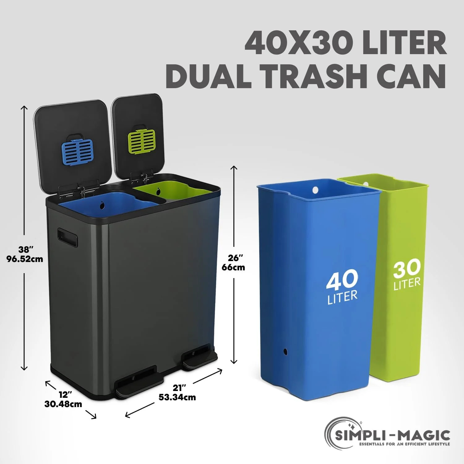 70 Liter / 18.5 Gallon Dual Compartment Recycling Trash Can – Hands-Free Kitchen Step Bin with Soft-Close Lid. Odor Filter. Stainless Steel Foot Pedal. Black Finish (40L + 30L) Elegant Black Finish